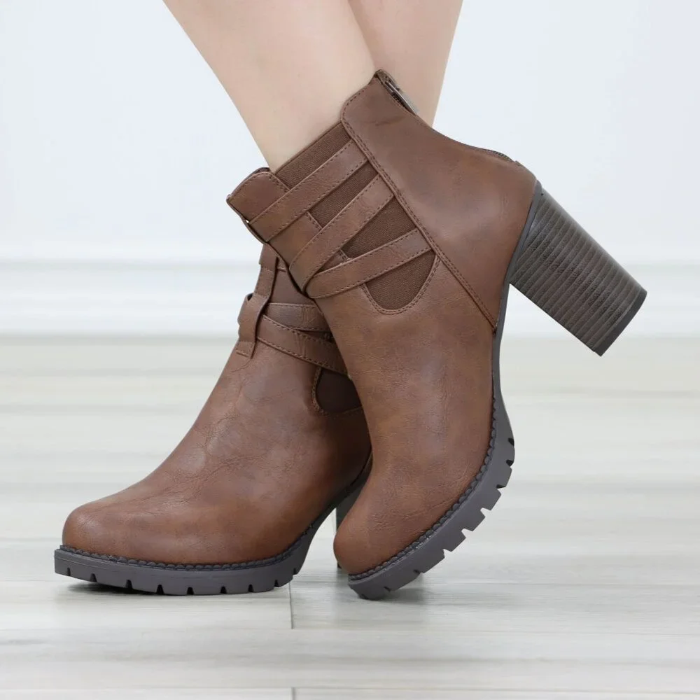 Brown Women's Buckle Strap Ankle Boots - Picture 7 of 13